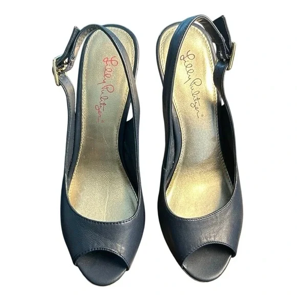 Lilly Pulitzer Kristin Wedge True Navy Blue Leather Sandals Casual Women's Sz 8M - Picture 2 of 11